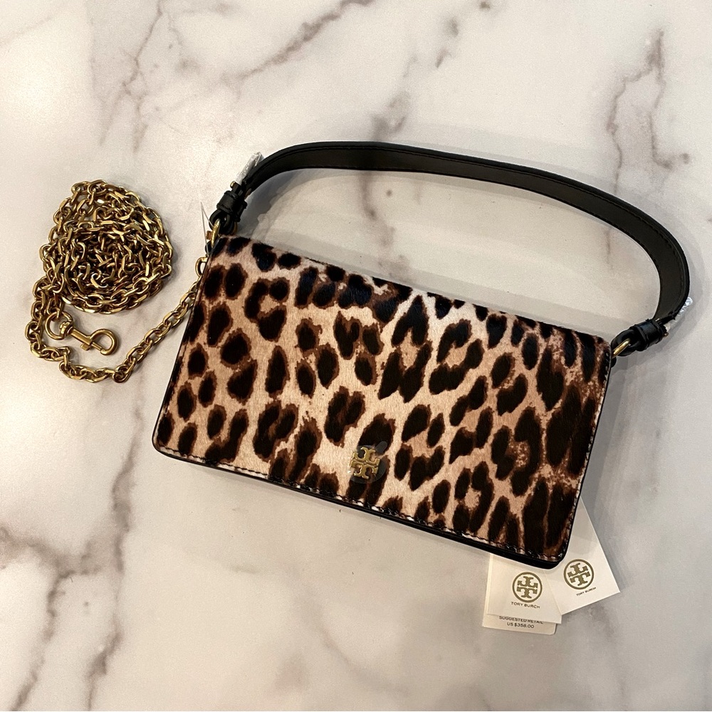 TORY BURCH Cleo Leopard Calf Hair Fold-Over Clutch Chain Crossbody Suede Leather
